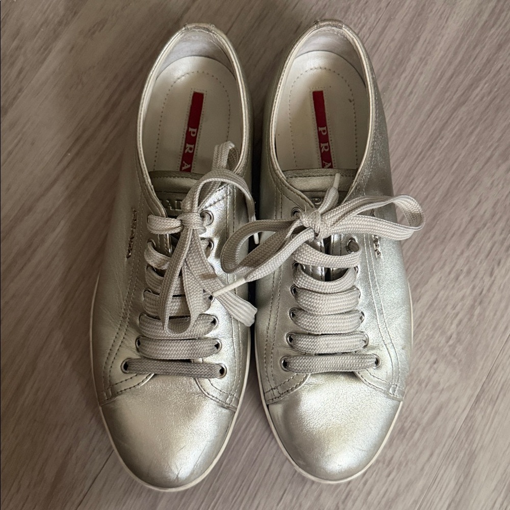 Prada Metallic Silver Leather Low Top Sneakers, size 38.5 - Picture 14 of 15